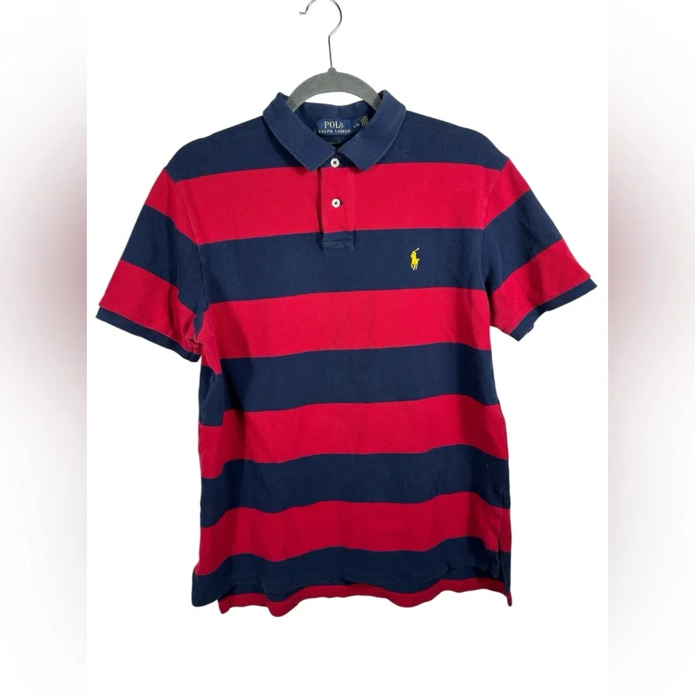 Polo Ralph Lauren Custom Fit Polo Shirt Mens L Red Navy Stripe Yellow Pony